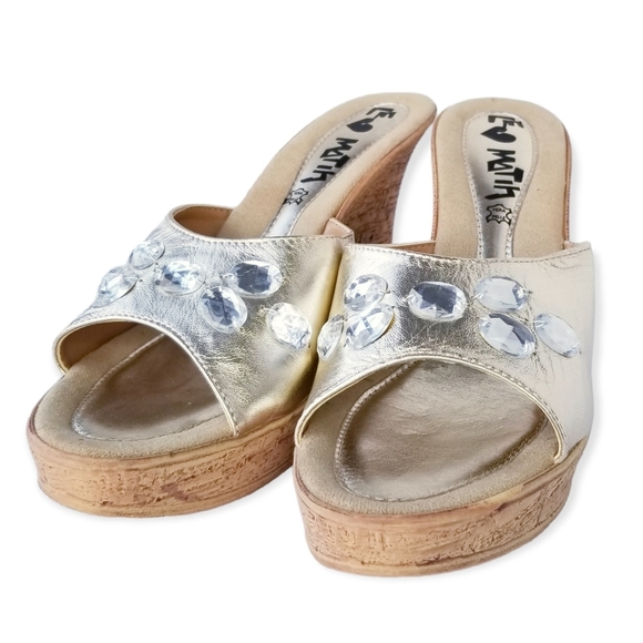 Le Matin Gold Leather Cork Wedge High Heel Shoes Woman's Size 10 - Picture 2 of 8